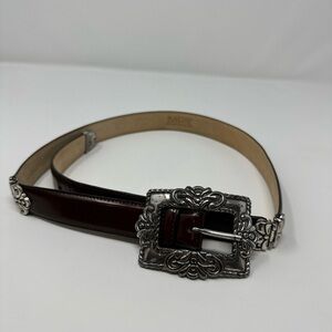 Vintage BARSE B&C Brown LEATHER BELT Silver Tone Buckle Mobile SMALL 27-33" Fit